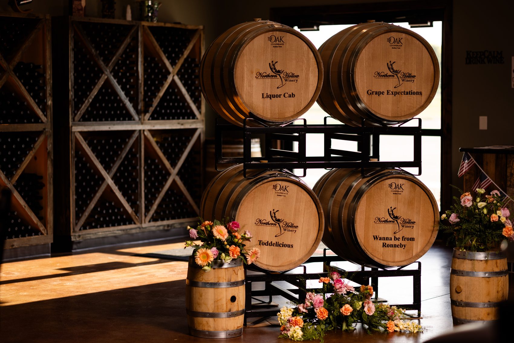 Engraved Barrel Club barrels in the tasting room