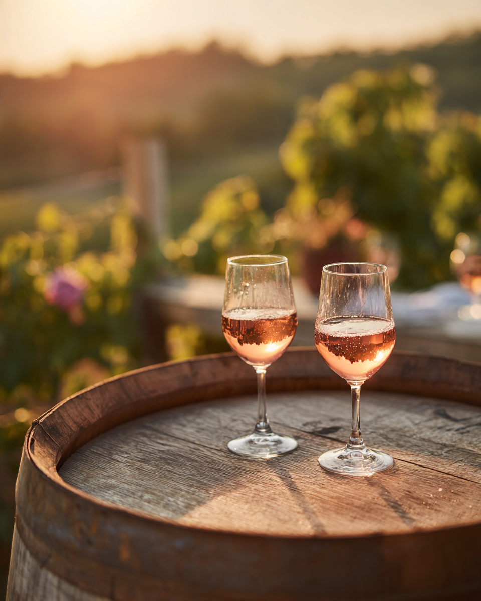 A table set with wine beside decorative barrels
