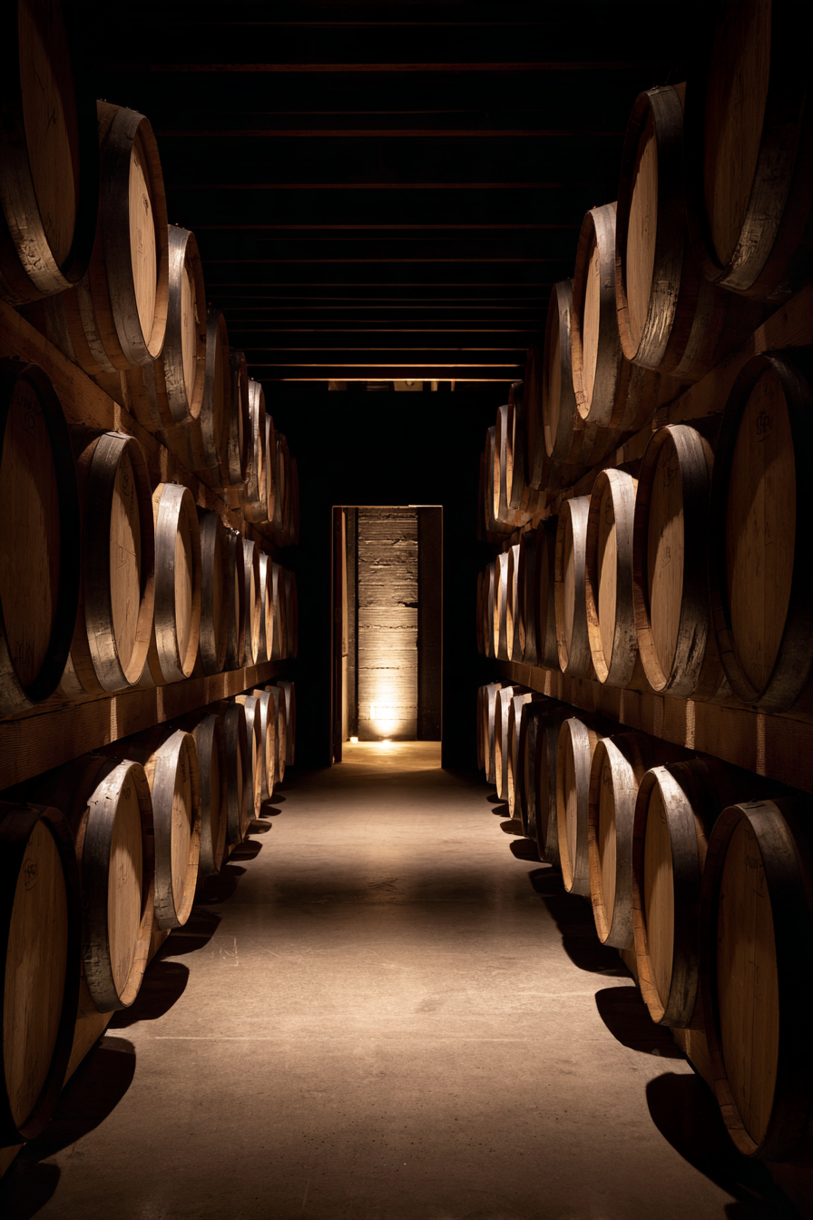 A candlelit corridor of stacked oak barrels