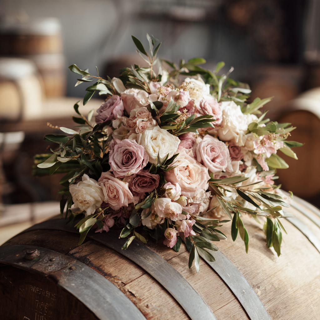 A bridal bouquet resting on stacked oak barrels