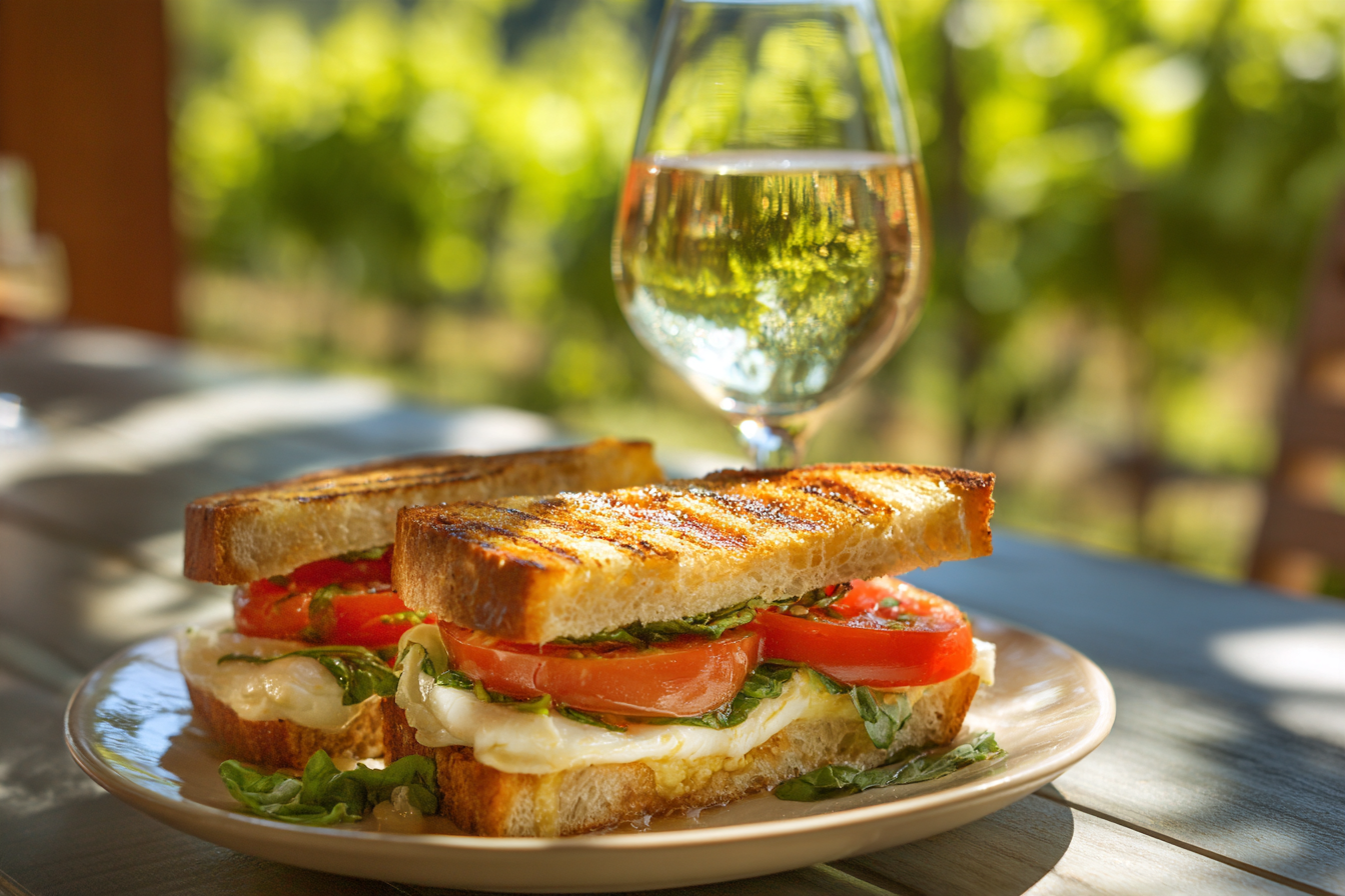 A grilled caprese panini and a glass of white wine with the vineyard behind