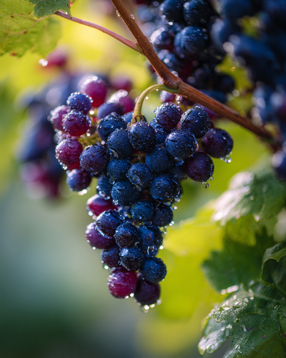 A ripe cold-hardy grape cluster on the vine