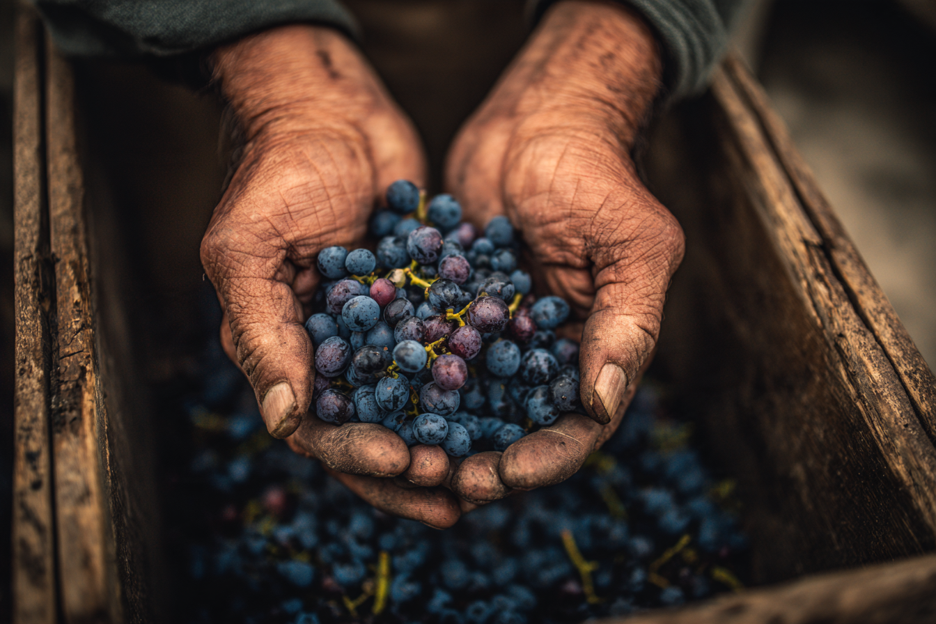 Weathered hands cradling freshly picked grapes at harvest