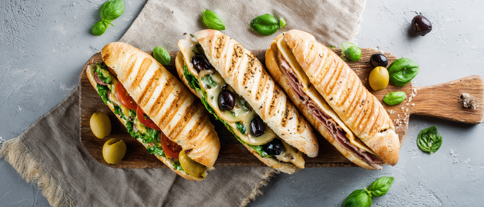 A spread of pressed sandwiches on a serving board
