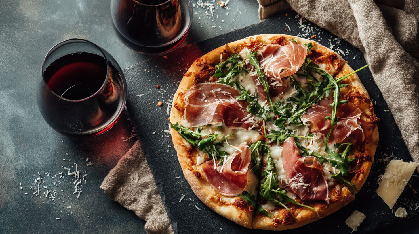 A wood-fired prosciutto and arugula pizza beside two glasses of red wine