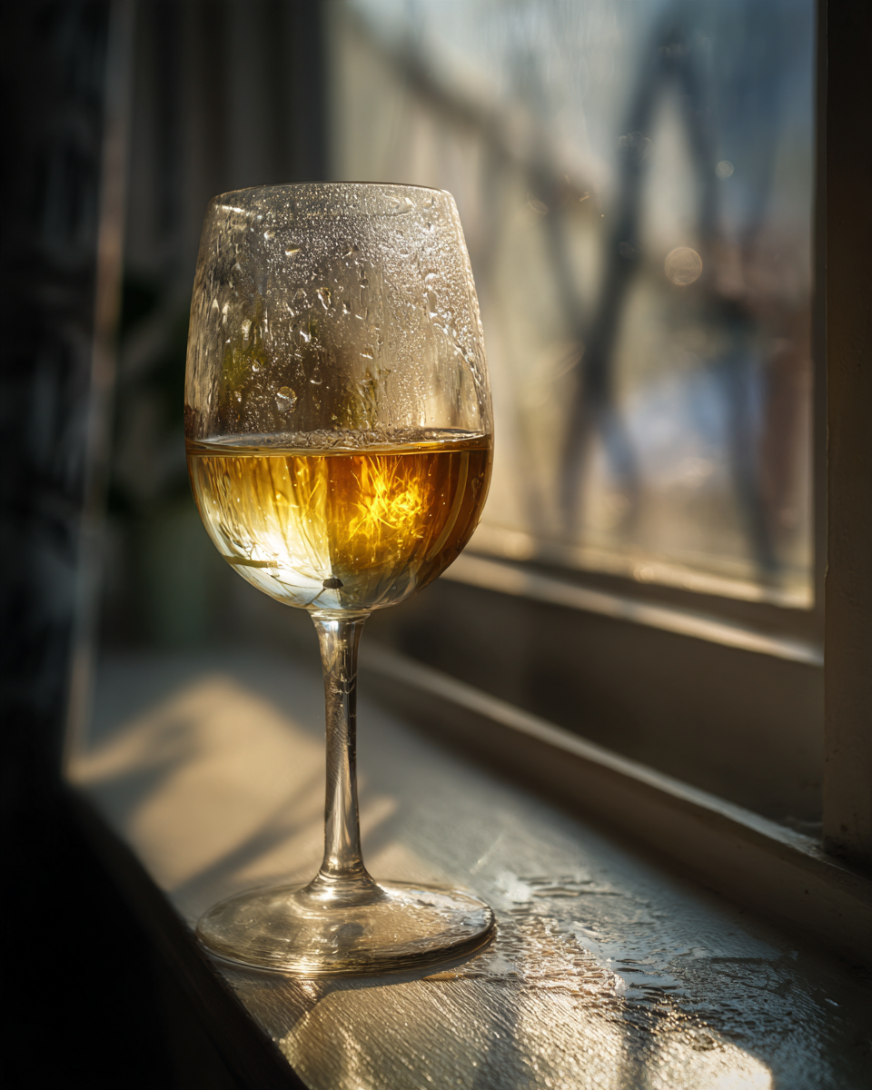 A glass of white wine catching afternoon sun on the tasting room windowsill
